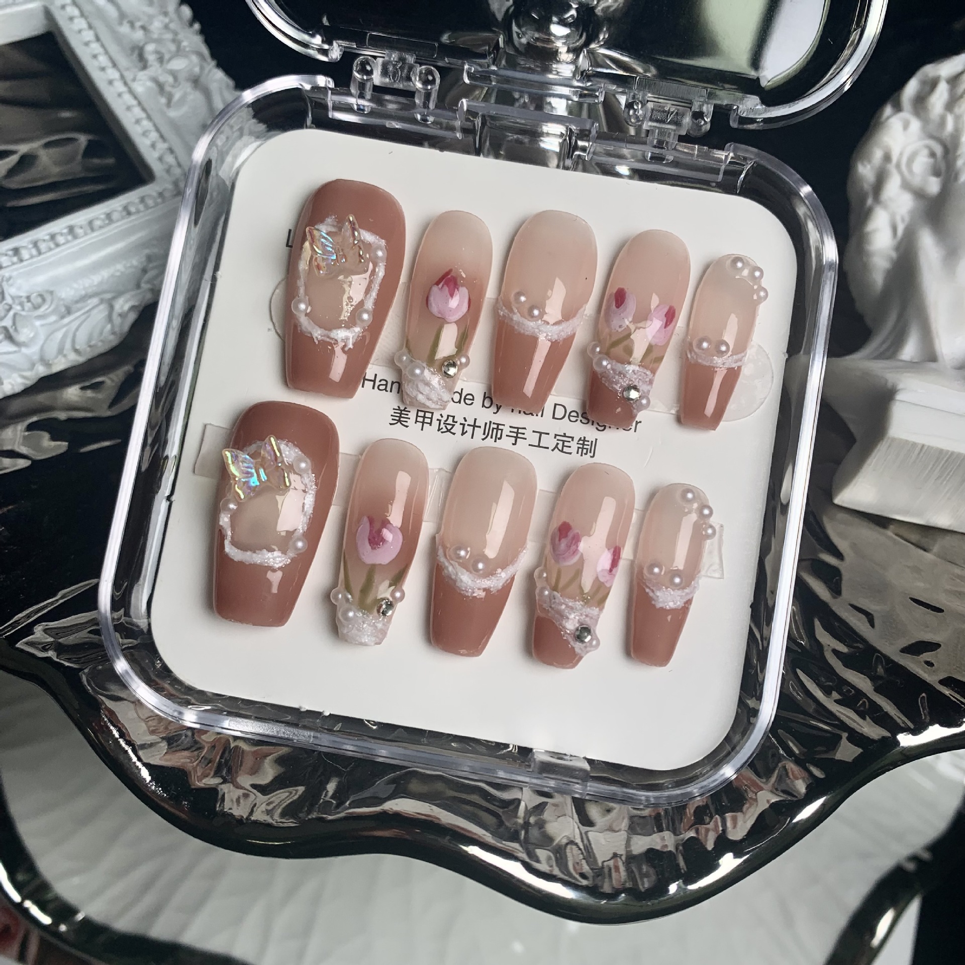 y147-handmade wearing nail mirror flower pure flower butterfly xiaohongshu same style internet celebrity removable nail