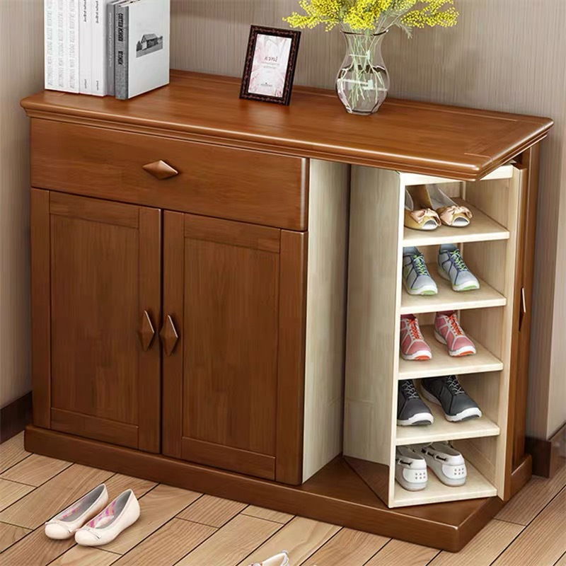 归家家具中式实木三开门多功能鞋柜简约储物柜带镜子现代客厅家具