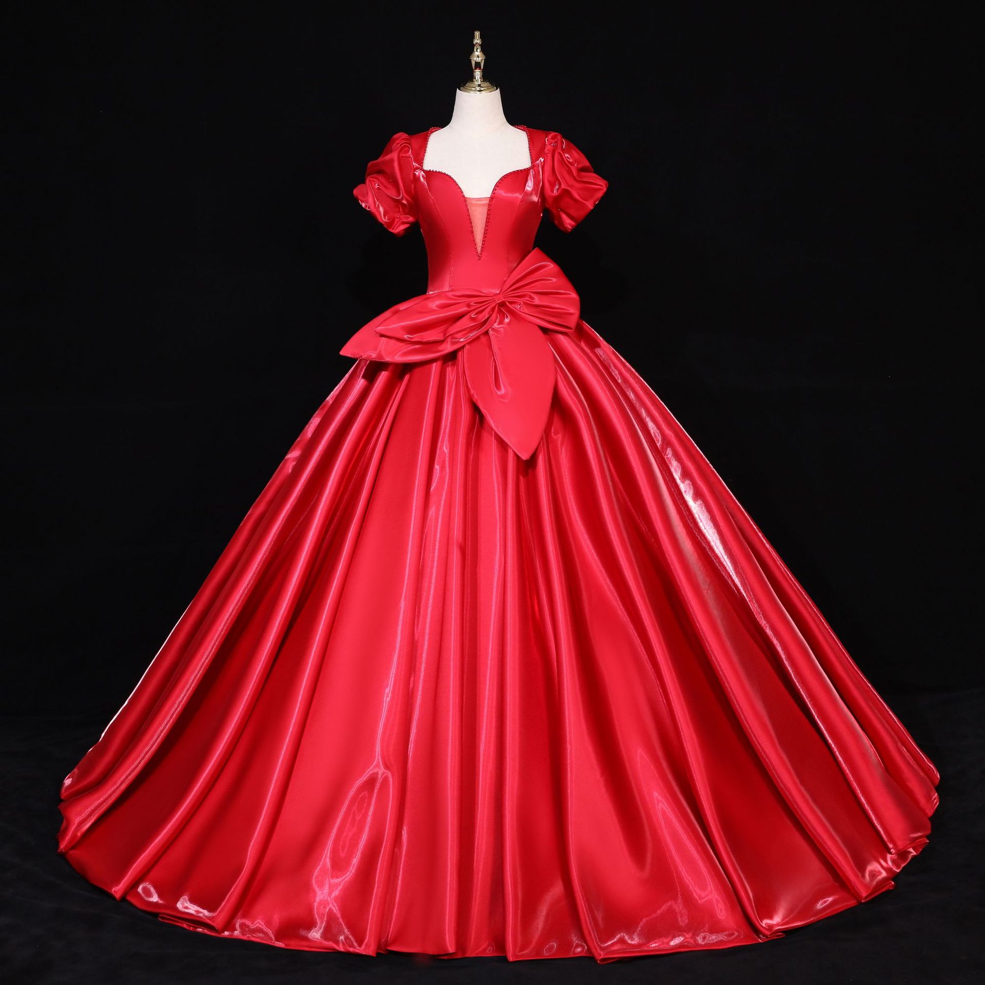 跨境货源 红色缎面蓬蓬裙 晚宴年会舞台演出艺考主持婚纱礼服批发