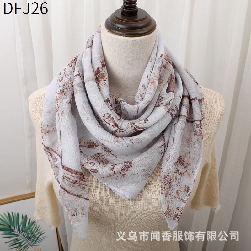 Spring, Autumn and Winter Thin Cotton and Linen Square Scarf 90x90 Printed Scarf Sun Block and Dustproof Headcloth Hui Ethnic Style Veil
