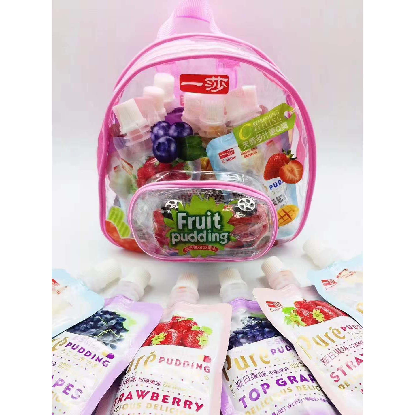 批发一莎食品综合水果味可吸吸果冻背包布丁儿童零食600g12包一箱