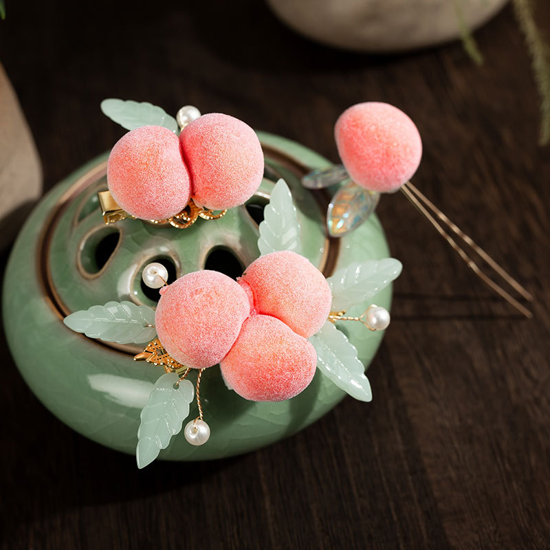汉服发夹甜美桃子头饰少女可爱对夹古风饰品边夹发饰超仙古装配饰
