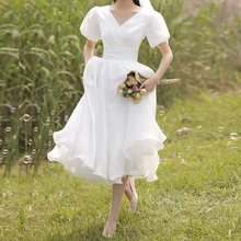 领证小白裙白色登记小礼服平时可穿简约连衣裙V领法式生日聚会