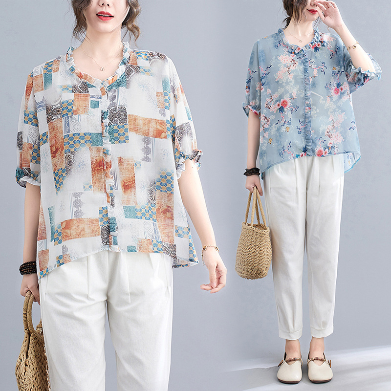 实拍2023夏装韩版大码印花复古洋气棉麻短袖女宽松 棉洗水裤-阿里巴巴