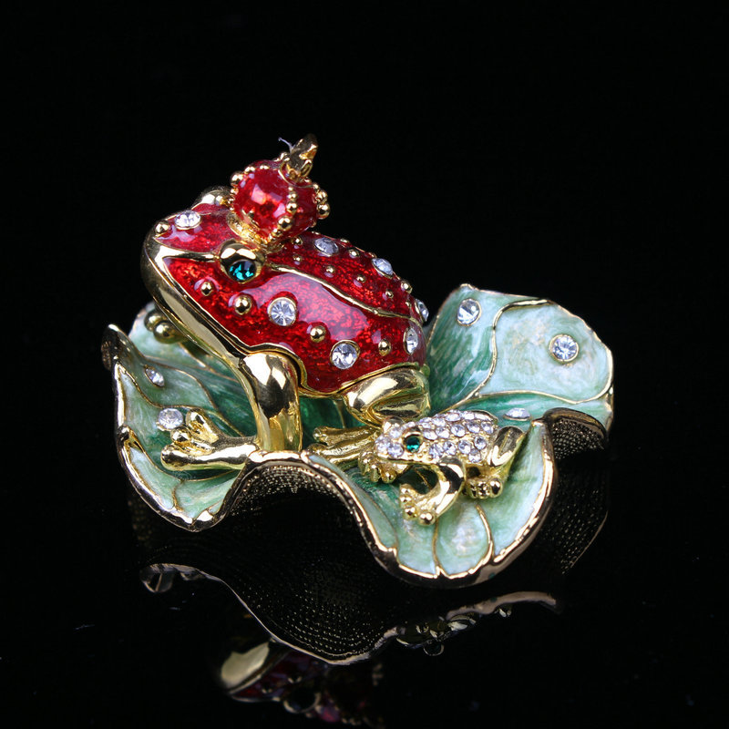 易尚宝合金工艺珐琅彩首饰盒饰品彩绘镶钻荷叶青蛙摆件礼品装饰品