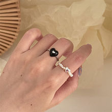 学生ins黑色爱心珍珠戒指女小众设计夏季开口指环潮2022年新款