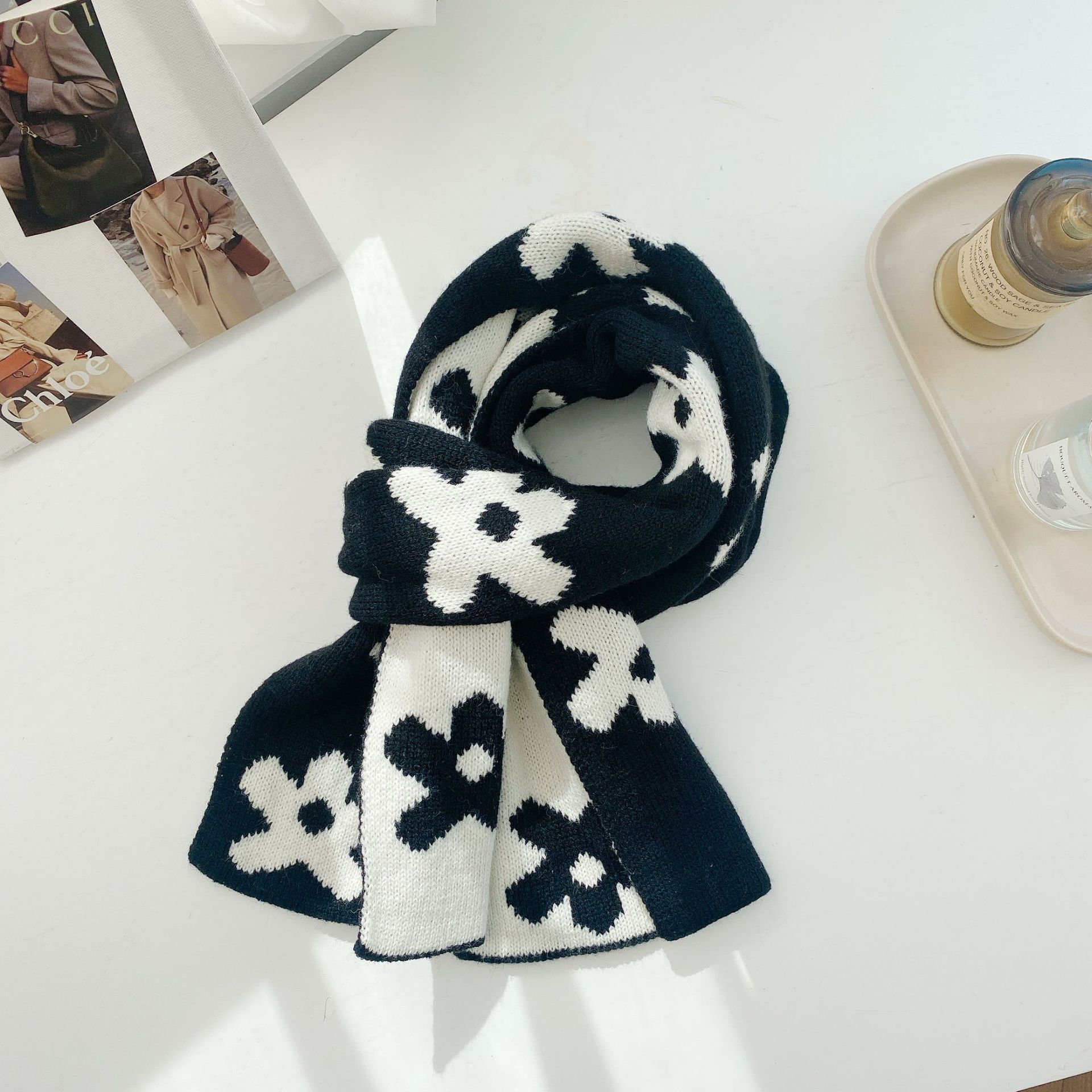 Double-Sided Small Flower Knitted Wool Scarf Female Autumn and Winter Black and White Korean Style Versatile Student Spring and Autumn Artificial Cashmere Scarf