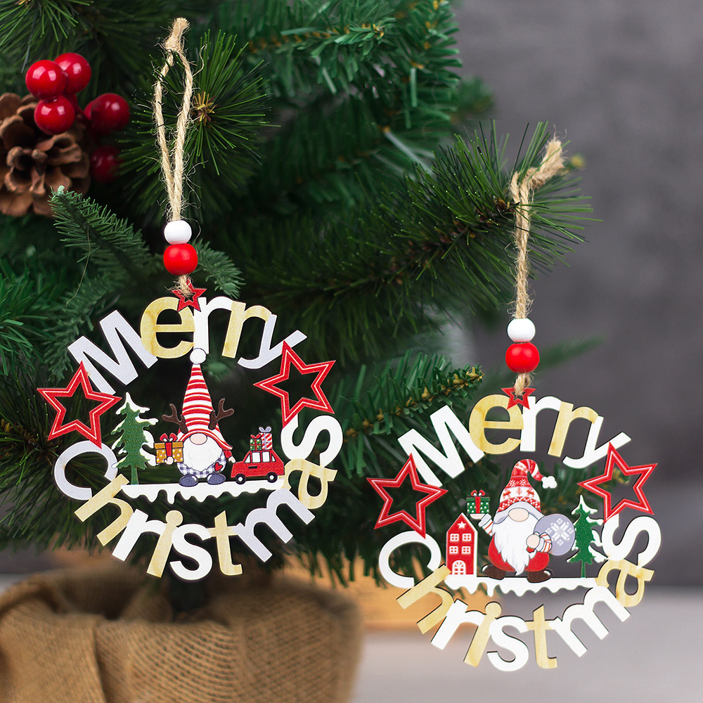 跨境新款圣诞节装饰品木质镂空无脸老人公仔挂饰圣诞快乐挂件装饰