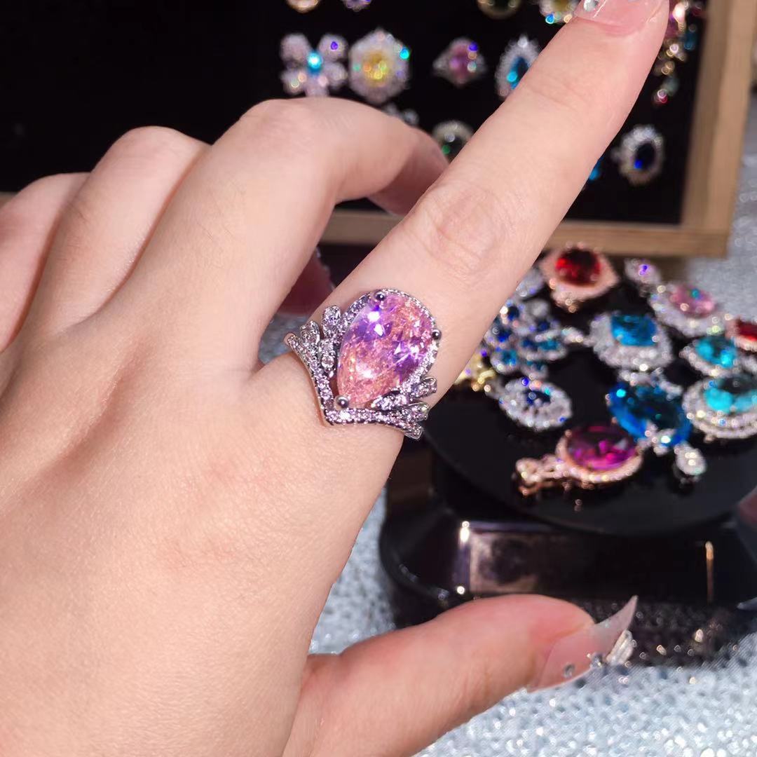 5a锆石网红皇冠高碳钻水滴形仿真粉红碧玺彩宝开口戒指订婚钻戒