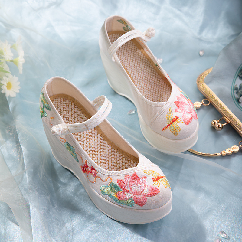 古装汉服鞋子女增高古风厚底唐制原创民族风坡跟绣花鞋老北京布鞋