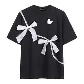 蝴蝶结装饰t恤女22夏季新款韩国东大门圆领宽松上衣女批发mk6543