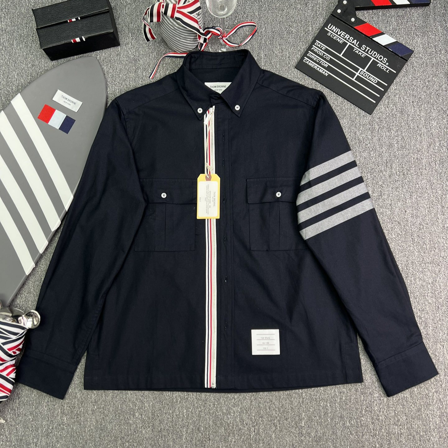 tb高品质工厂店新款男女同款春秋季四杠条纹长袖拉链法绒兰衬衫