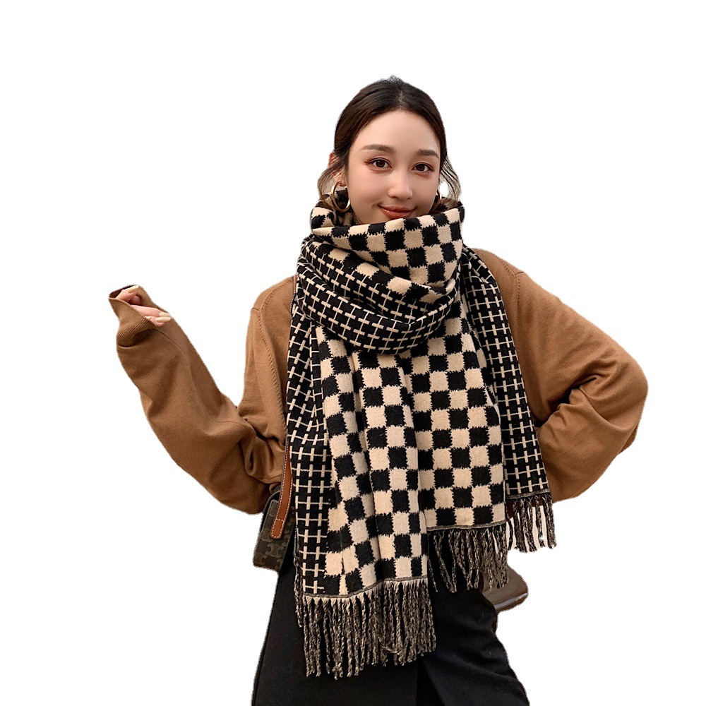 Autumn and Winter New Elegant Long Fringe Letters Chessboard Plaid Scarf Scarf Women's Thickened Long Section Cashmere-like Talma