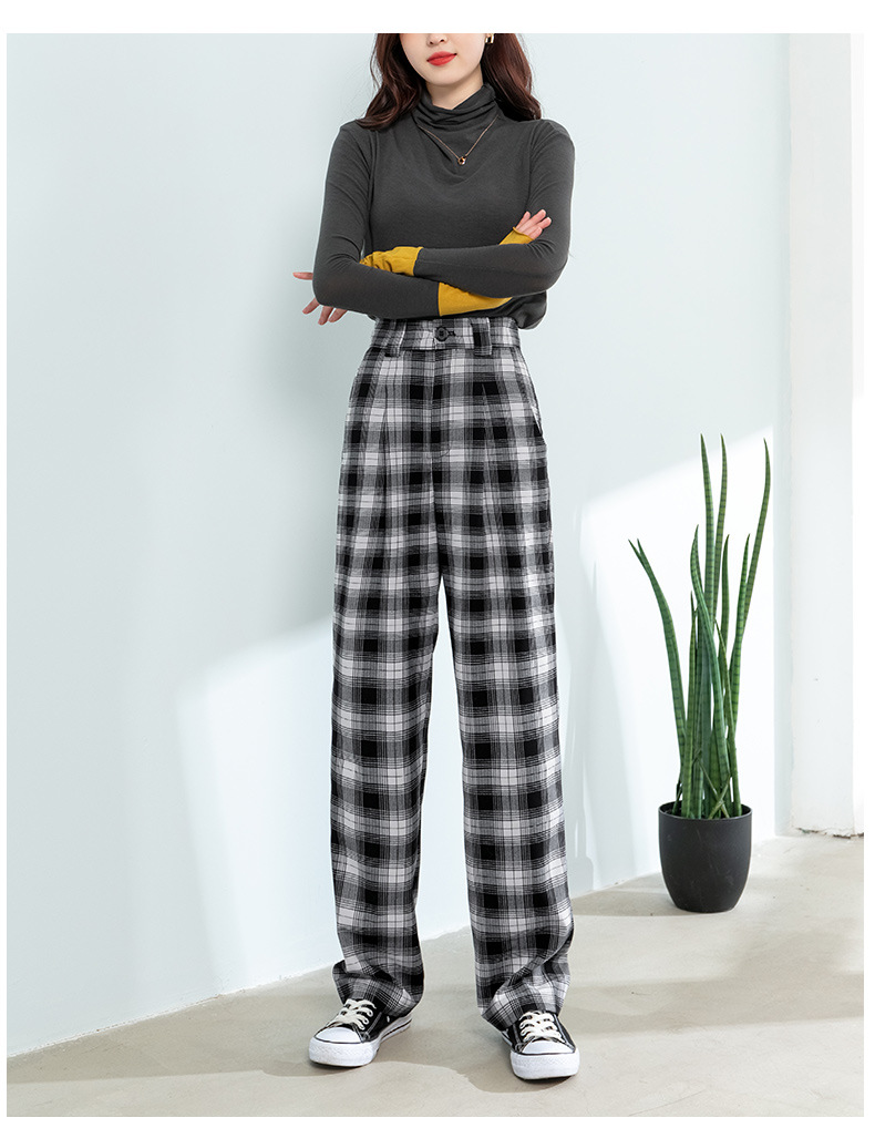 新品弹力女格子裤高腰显瘦黑白格子裤女chic堆堆裤女欧美西装裤女