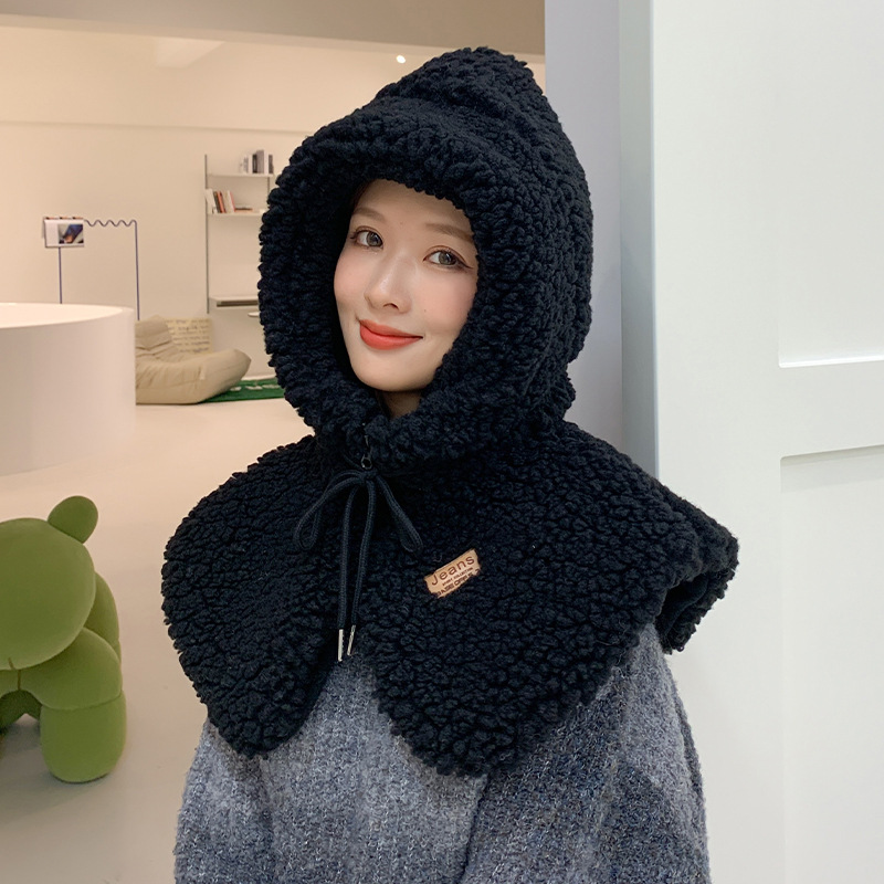 帽子女秋冬季韩版潮加厚保暖毛绒帽子围脖斗篷披肩一体护颈肩骑车
