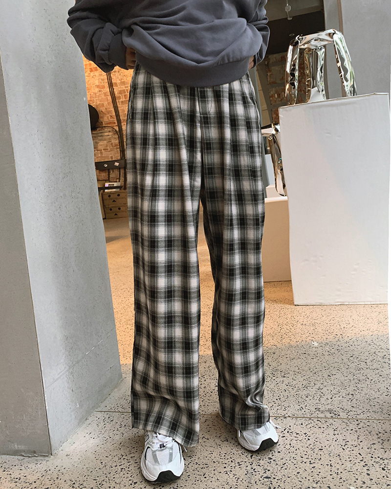 2022春季新款格子裤女韩国宽松垂感休闲拖地阔腿裤潮高腰显瘦长裤