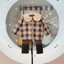 潮韩版秋季新款男女童格子开衫打底裤套装MS8145姐弟装一件代发