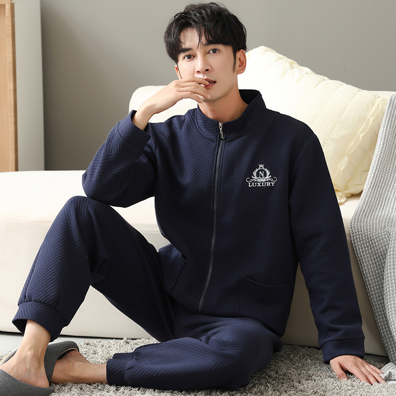 Pajamas Men's Spring and Autumn 60 Cotton Long-Sleeved Homewear Autumn and Winter Zipper Quilted Air Cotton Interlayer Suit