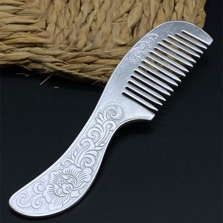 纯银999发梳 实用梳头带把银牡丹花梳子雪花银刮痧板 送妈妈 女友