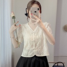 新中式珍珠盘扣雪纺衫v领短袖上衣女夏季设计感镂空刺绣短款小衫