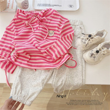 女童韩国套装24年秋款网红童装女宝宝粉色棉质条纹T恤运动裤套装