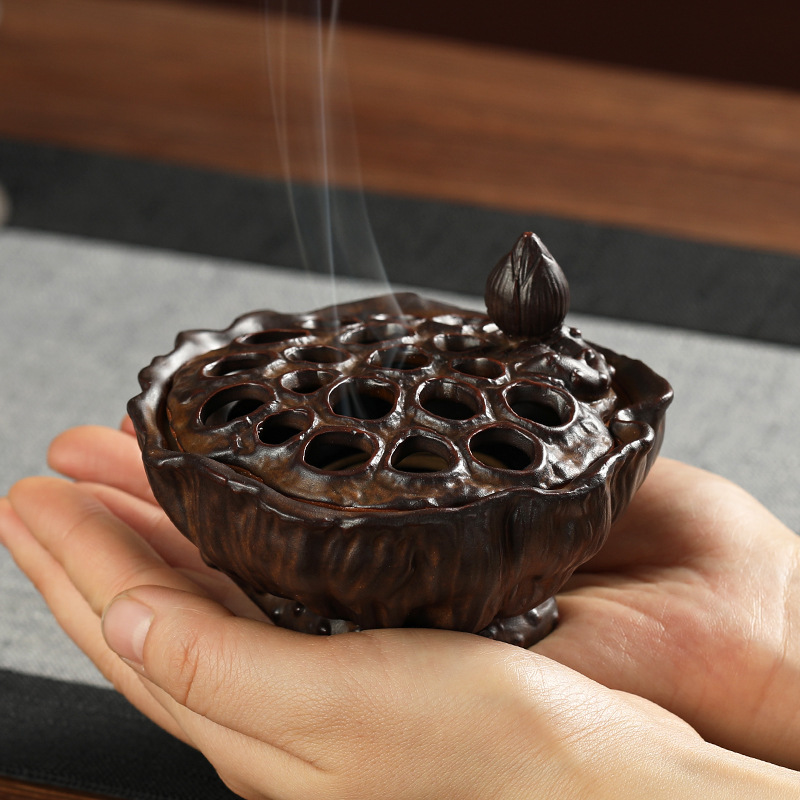 复古莲蓬陶瓷盘香炉檀香炉家用香薰炉禅意中式茶道摆件香道打香篆