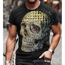 跨境电商新款时尚男装短袖T恤骷髅头3D数码印花上衣厂家批发
