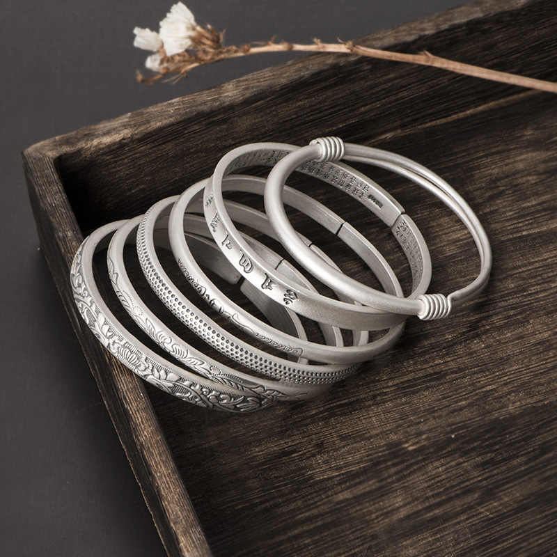 古法银手镯女999纯银云南雪花银手工足银实心开口复古风纯银手镯