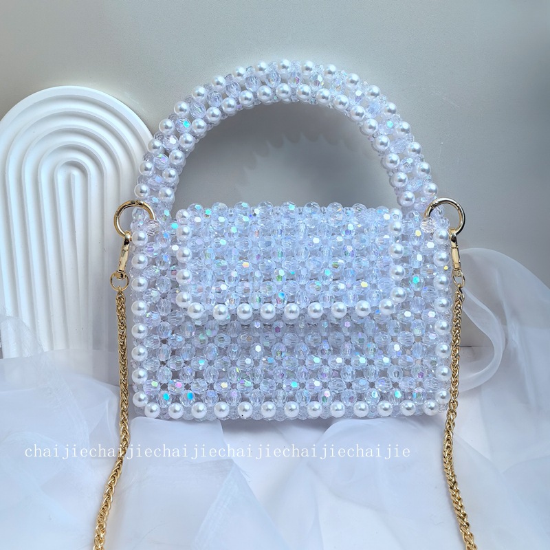 新款时尚珍珠包边手工编织手提包拼接闪亮翻盖斜挎包串珠源头工厂