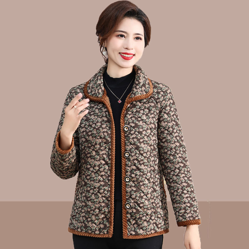 Middle-Aged and Elderly Women's Clothing Winter Warm Lapel with Velvet Thickened Cotton-Padded Coat Mom Coat Flower Cotton-Padded Jacket Grandma Cotton Jacket Top