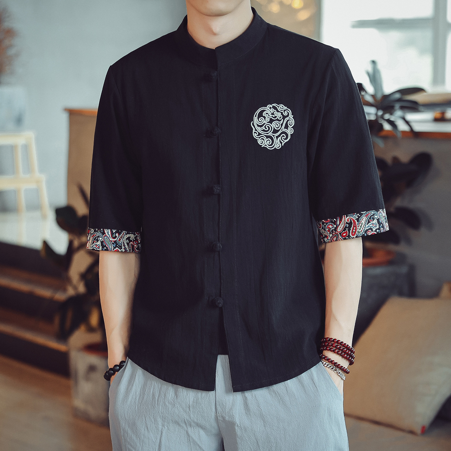 中国风夏季新款复古大码盘扣刺绣男士棉麻衬衫男士薄款立领衬衣