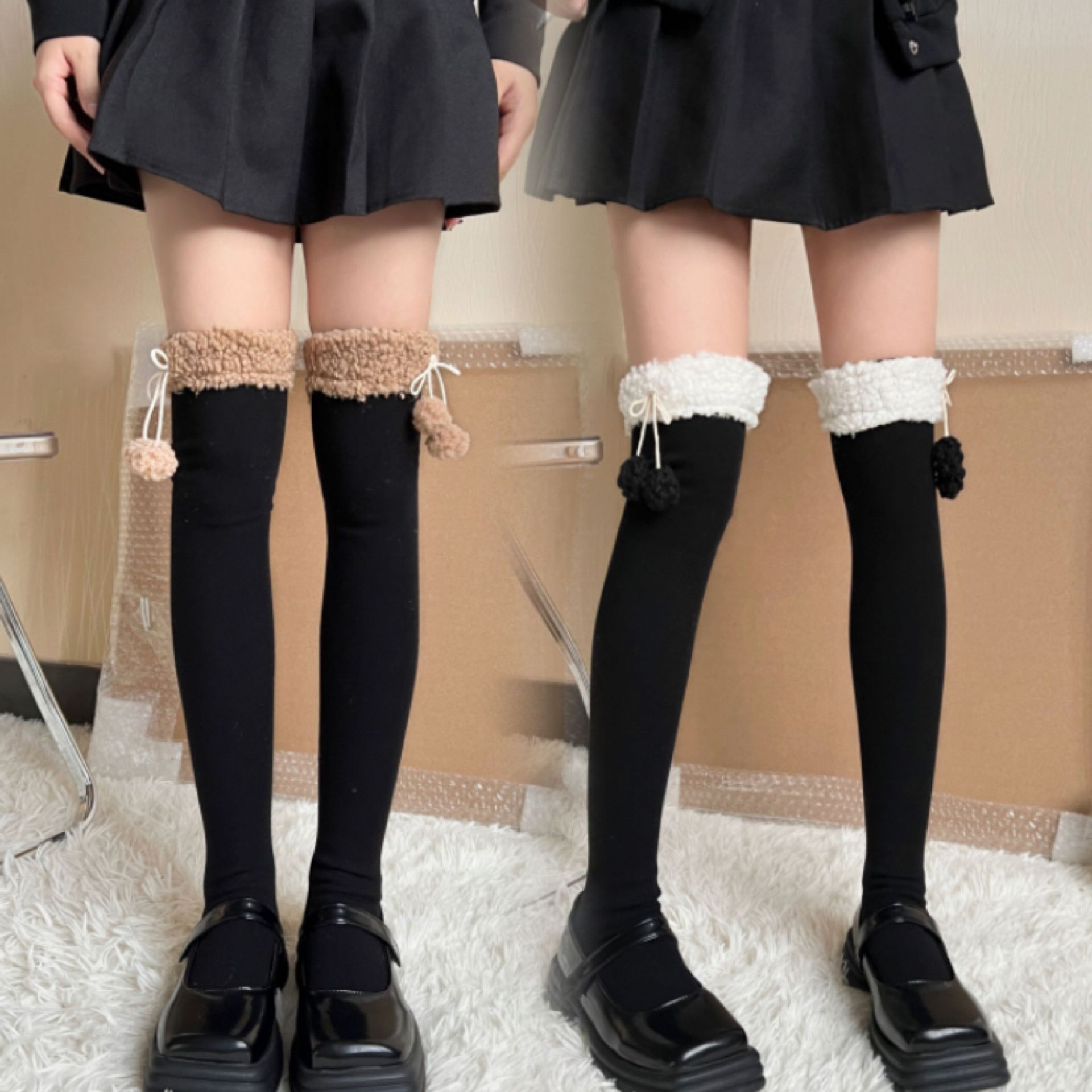 冬季羊羔毛毛球高筒袜加厚保暖过膝大腿袜慵懒风白色长筒袜lolita
