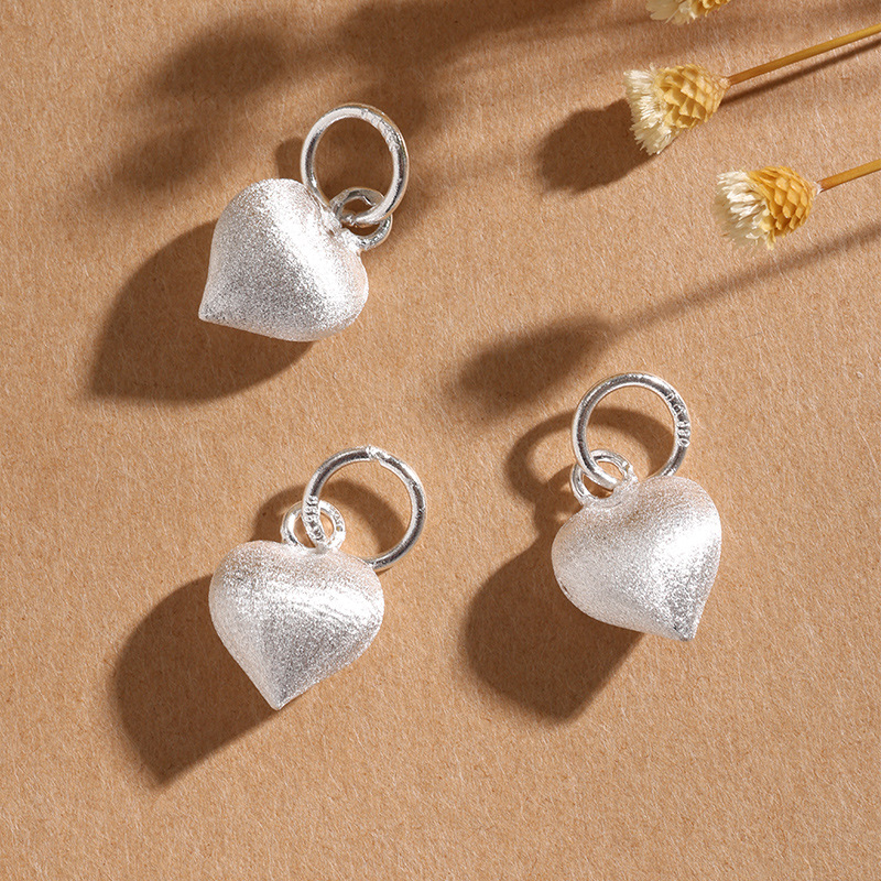 S929纯银素银立体桃心项链吊坠爱心坠子足银挂件DIY编绳手链饰品
