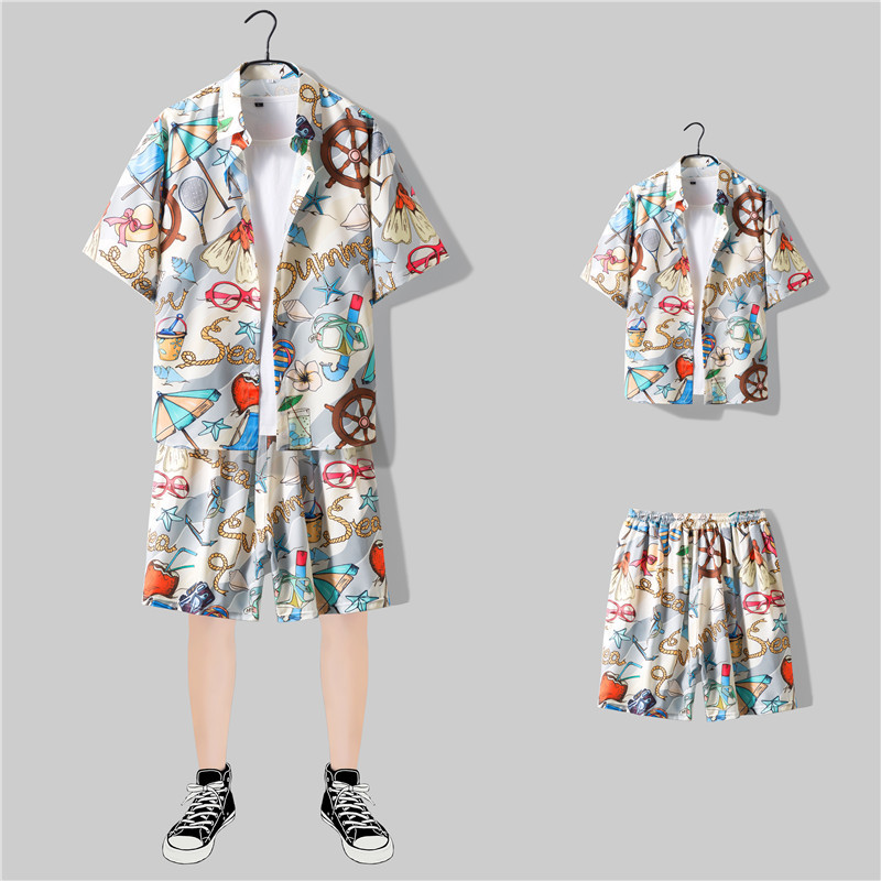 Fashion Brand Hawaii Printed Shirt Men's Summer Leisure Sports Suit Short-Sleeved Shorts Two Pieces a Set of Ruffle Boys