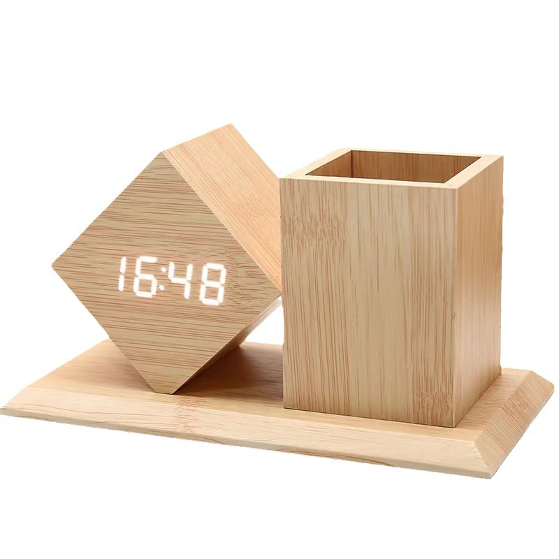 Wooden Voice-Controlled Led Digital Brush Pot-Shaped Alarm Clock Student Bed Head Children Desktop Desktop Small