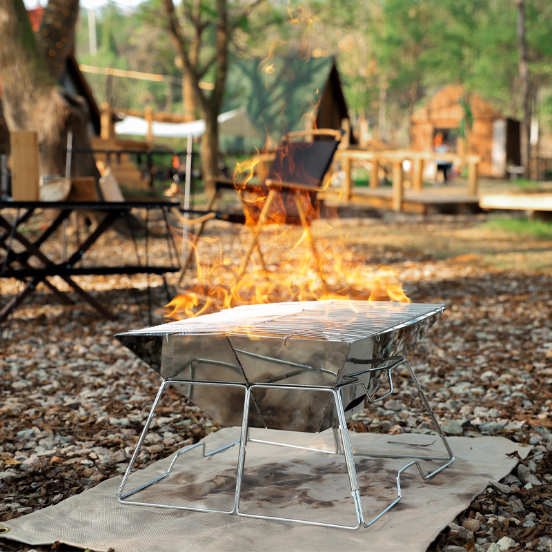 Outdoor Grill 3-4 People Folding Burning Fire Table Enclosure Stove Tea Stainless Steel Oven Portable Firewood Stove Grill Rack