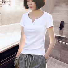 恤女夏短袖2024年新款女白色小领上衣韩版修身显瘦百搭打底批发
