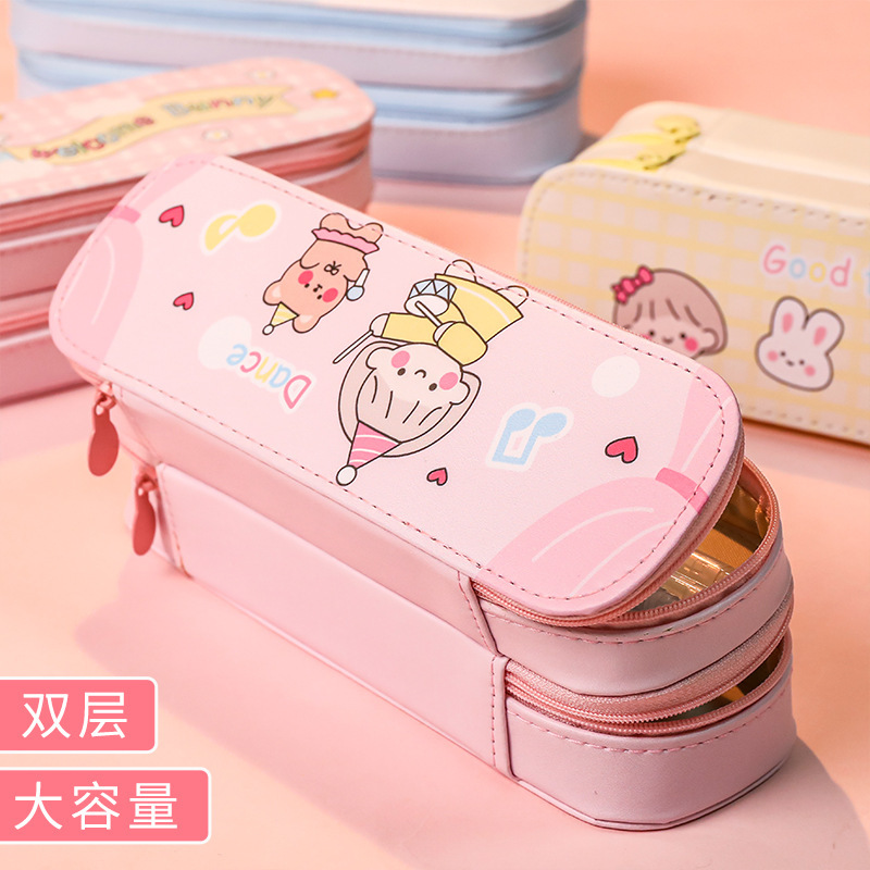 double layer pencil case large capacity simple canvas stationery box student cute stationery pencil box