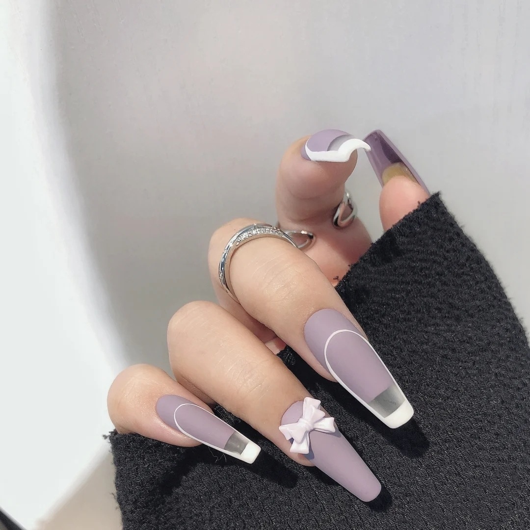 紫色法式蝴蝶结穿戴甲片成品假指甲美甲甲片批发可拆卸指甲贴片