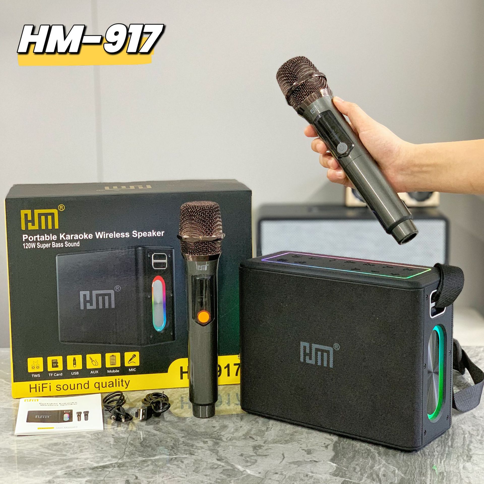 外贸热卖HM-917无线麦克风便携式120W 蓝牙扬声器户外K歌练歌音箱