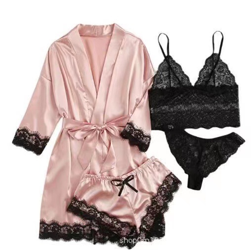 New European and American Ladies Pajamas 4-Piece Lace Satin Strap Pajamas Women's Summer Suit with Nightgown Nightdress Wholesale