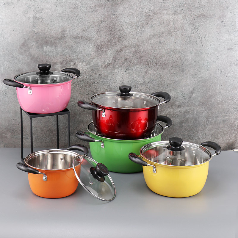 Foreign Trade Wholesale Stainless Steel Single Double Bottom Set Pot Set Non-State Gift Color 10 PCs Set Dual-Sided Stockpot Lepao