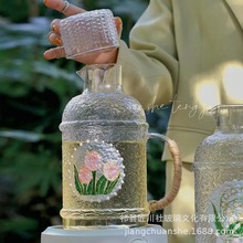 匠川社耐热玻璃凉水壶冷水壶花茶套装手绘郁金香铃兰花麻绳手工单