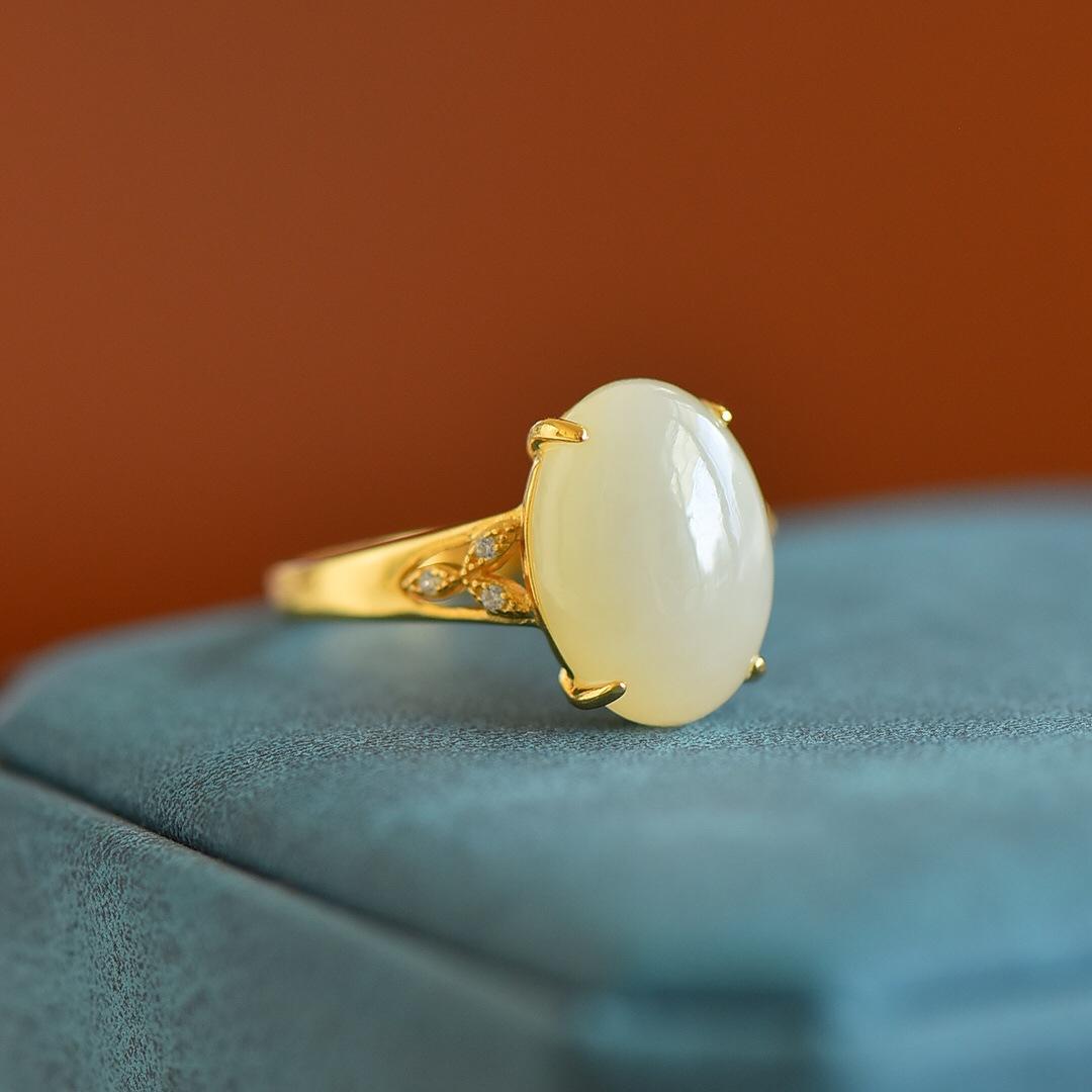 s925银镀金天然和田玉椭圆蛋面戒指时尚简约气质女款镶钻玉指环