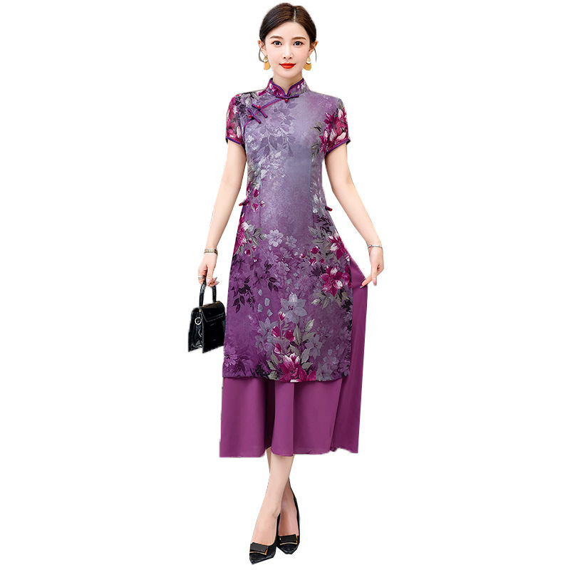 9507 New Style Ao Dai Dress New Chinese Cheongsam Women's Summer Short Sleeve Modified Long Type Young Mother Blue Sense