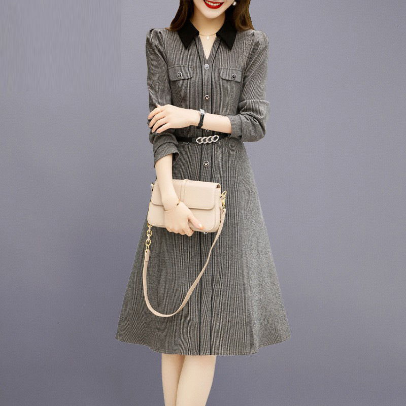 小香风格子毛呢连衣裙女2023春季新款设计感气质名媛显瘦长袖裙子