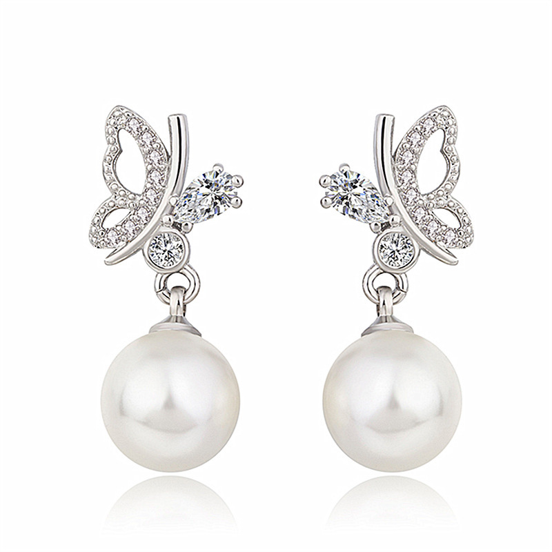 韩版新品蝴蝶珍珠耳钉气质甜美耳环女耳钉 时尚耳坠耳饰一件代发