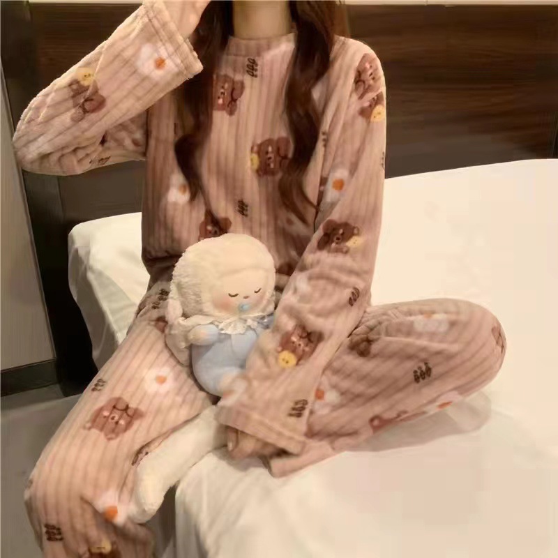 New Warm Suit Pajamas round Neck Loose Slimming and Warm Long Sleeve Home Women's Clothes Double-Sided Velvet Two-Piece Set