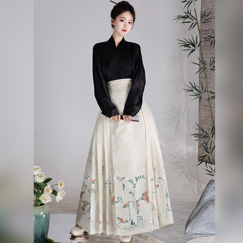 Original Women's Han Chinese Clothing Ming New Chinese Style Horse-Face Skirt Suit Daily Commuting Improved Dark Jacquard Aircraft Sleeve Retro