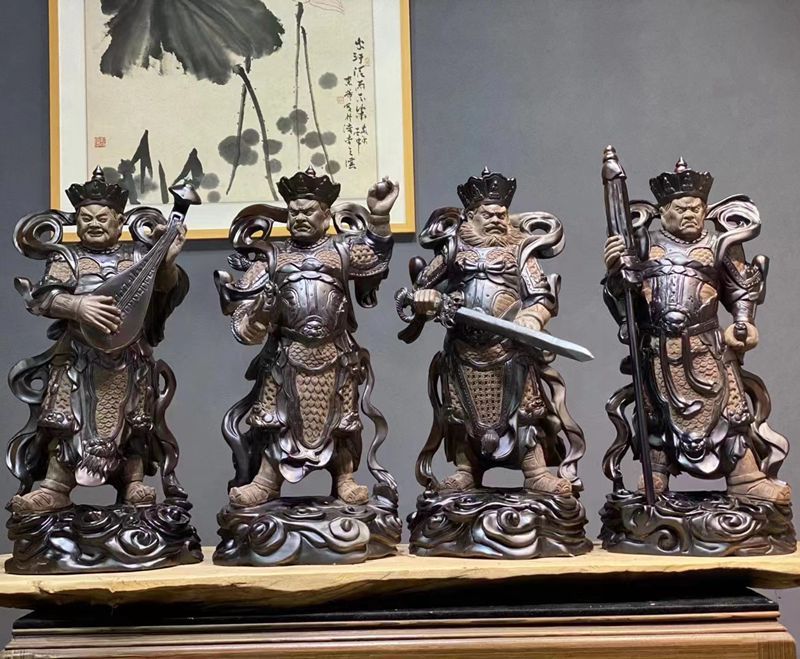 阴沉乌木根雕纯手工雕刻工艺品四大天王木雕家居办公装饰摆件佛像